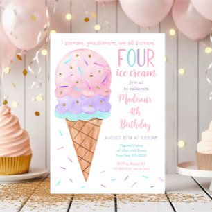 Pink Ice Cream Fourth Birthday Invitation
