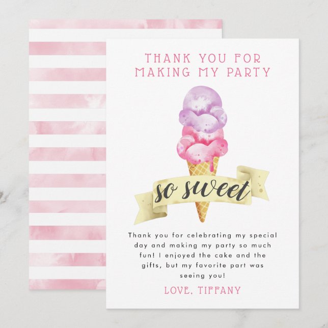 Pink Ice Cream Girl Birthday Party Thank You Card (Front/Back)