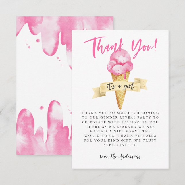 Pink Ice Cream Girl Gender Reveal Party Thank You Card (Front/Back)