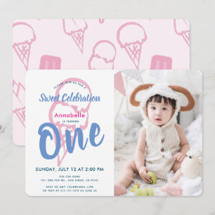 Pink Ice Cream Girl Photo 1st Birthday Invitation