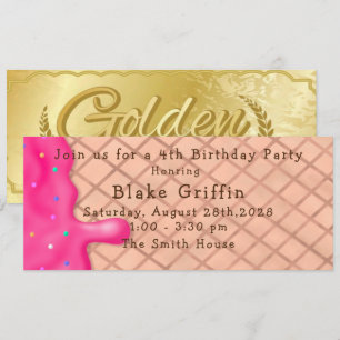 Pink Ice Cream Golden Ticket Birthday Invitation
