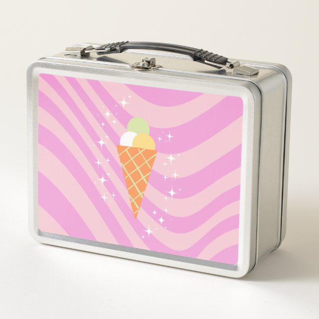 Pink Ice cream, Ice Cream Art, Preppy, Preppy Art Metal Lunch Box (Front)