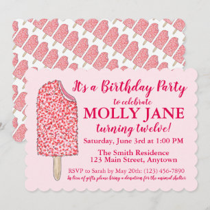 Pink Ice Cream Popsicle Birthday Party Shower Invitation