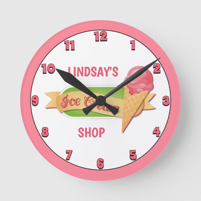 Pink Ice Cream Shop Custom Round Clock (Front)