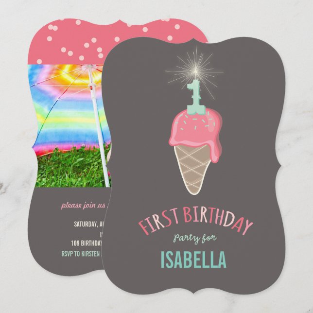 Pink Ice Cream Sparkler Girl 1st Birthday Party Invitation (Front/Back)