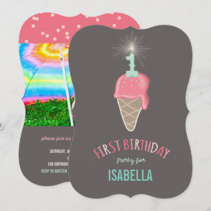 Pink Ice Cream Sparkler Girl 1st Birthday Party Invitation