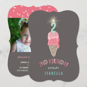 Pink Ice Cream Sparkler Girl 2nd Birthday Party Invitation