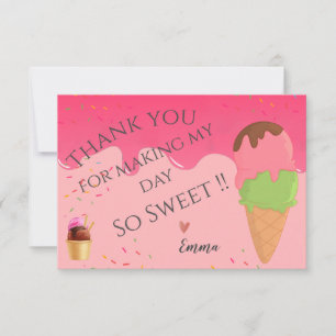 Pink Ice Cream Themed Girl's First Birthday Party Thank You Card