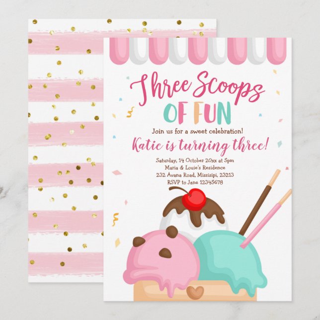 Pink Ice cream three scoops of fun birthday Invitation (Front/Back)