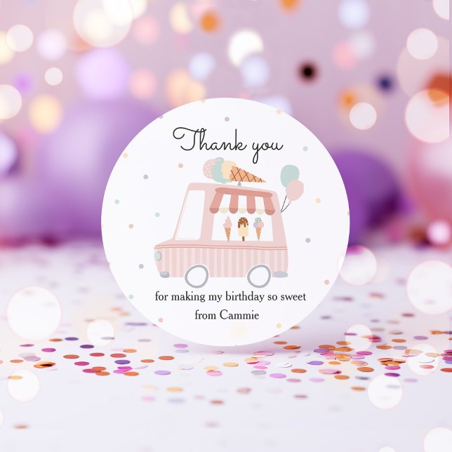 Pink Ice Cream Truck Birthday Party Favours Classic Round Sticker (Creator Uploaded)