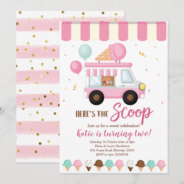 Pink Ice cream truck birthday party invitation (Front/Back)