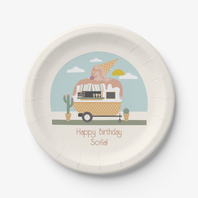 Pink Ice Cream Truck Camper Girls Birthday Paper Plate (Front)