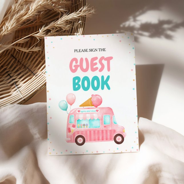 Pink Ice Cream Truck Guest Book Pedestal Sign (Creator Uploaded)