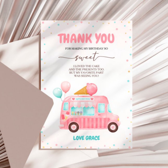 Pink Ice Cream Truck Here's The Scoop Birthday Thank You Card (Creator Uploaded)