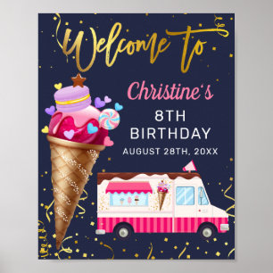 Pink Ice Cream Truck Navy Blue Welcome Birthday Poster