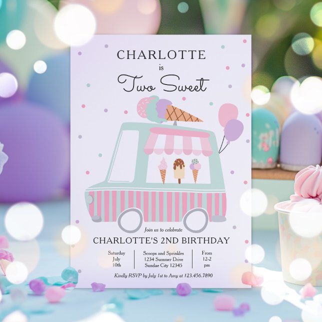 Pink Ice Cream Truck Two Sweet 2nd Birthday Party Invitation (Creator Uploaded)