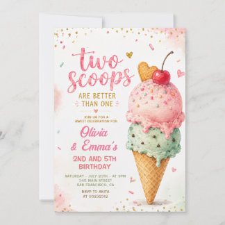 Pink Ice Cream Two Scoops Twin Girls Birthday Invitation