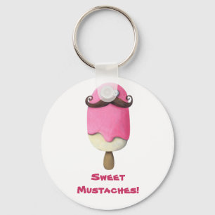 Pink Ice Cream with Moustaches Key Ring