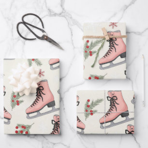 Pink Ice Skates Fun Holiday Pattern Christmas Wrapping Paper Sheet