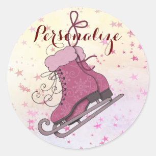 Pink ice skates starry winter cute illustration  classic round sticker