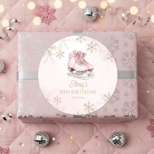 Pink Ice Skating Birthday Gold Glitter Snowflakes Classic Round Sticker
