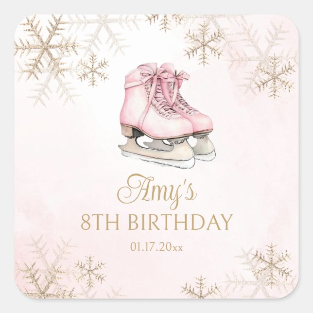 Pink Ice Skating Birthday Gold Glitter Snowflakes Square Sticker (Front)