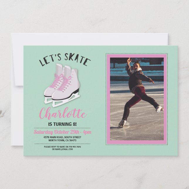 Pink Ice-Skating Skate Photo Birthday Party Invite (Front)