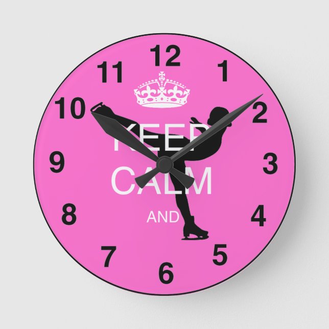 PINK iceskater skating GIFTs .. Keep calm skate on Round Clock (Front)
