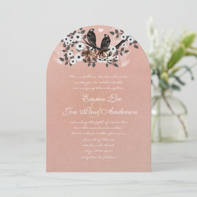 Pink Icing Vintage Lovebird Wedding Invitation (Standing Front)