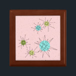 Pink Iconic Atomic Starbursts Jewellery Keepsake B Gift Box<br><div class="desc">This Pink Iconic Atomic Starbursts Wooden Jewellery Keepsake Box pattern features iconic atomic starbursts. That’s right! The old school, First Lady Pink coloured background with gold speckles is the perfect backdrop for the vibrant turquoise, soothing celery, and kitschy pear green coloured circles. The spots of colour are sporadically placed in...</div>