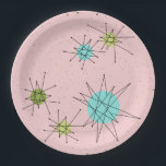 Pink Iconic Atomic Starbursts Paper Plates<br><div class="desc">This Pink Iconic Atomic Starbursts Paper Plate (large print) pattern features iconic atomic starbursts. That’s right! The old school, First Lady Pink coloured background with gold speckles is the perfect backdrop for the vibrant turquoise, soothing celery, and kitschy pear green coloured circles. The spots of colour are sporadically placed in...</div>