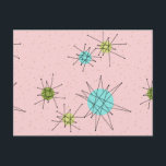 Pink Iconic Atomic Starbursts Postcard<br><div class="desc">This Pink Iconic Atomic Starbursts Postcard (large print) pattern features iconic atomic starbursts. That’s right! The old school, First Lady Pink coloured background with gold speckles is the perfect backdrop for the vibrant turquoise, soothing celery, and kitschy pear green coloured circles. The spots of colour are sporadically placed in various...</div>