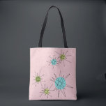 Pink Iconic Atomic Starbursts Tote Bag<br><div class="desc">This Pink Iconic Atomic Starbursts Tote Bag (large print) pattern features iconic atomic starbursts. That’s right! The old school, First Lady Pink coloured background with gold speckles is the perfect backdrop for the vibrant turquoise, soothing celery, and kitschy pear green coloured circles. The spots of colour are sporadically placed in...</div>