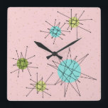 Pink Iconic Atomic Starbursts Wall Clock<br><div class="desc">This Pink Iconic Atomic Starbursts Square Acrylic Wall Clock pattern features iconic atomic starbursts. That’s right! The old school, First Lady Pink coloured background with gold speckles is the perfect backdrop for the vibrant turquoise, soothing celery, and kitschy pear green coloured circles. The spots of colour are sporadically placed in...</div>