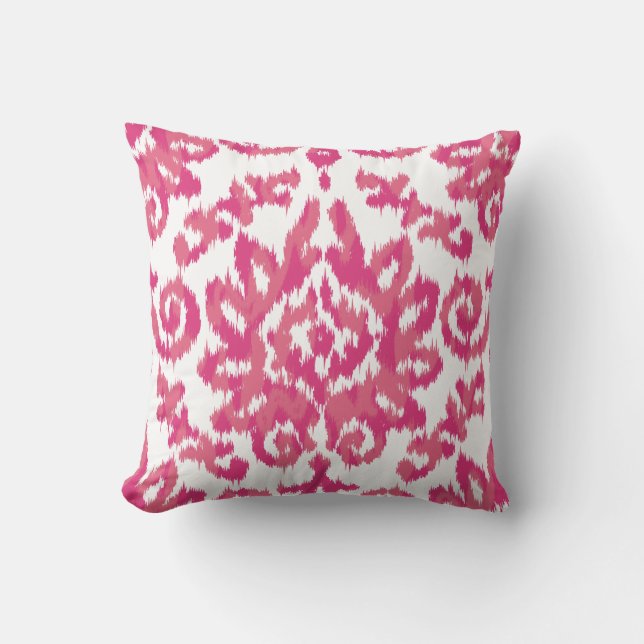 Pink Ikat Boho Whimsical Ethnic Girly White & Pink Cushion (Front)