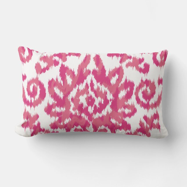 Pink Ikat Boho Whimsical Ethnic Girly White & Pink Lumbar Cushion (Front)