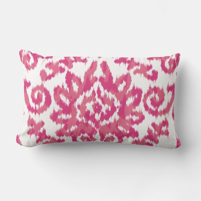 Pink Ikat Boho Whimsical Ethnic Girly White & Pink Lumbar Cushion (Front)