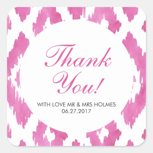Pink Ikat Thank You Square Sticker (Front)