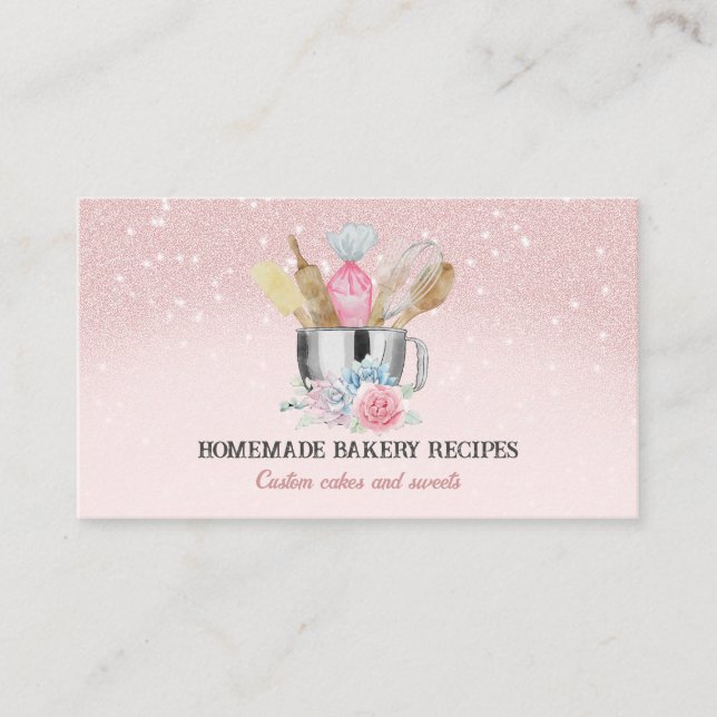 Pink Illustrated Shiny Bakery Business Card (Front)