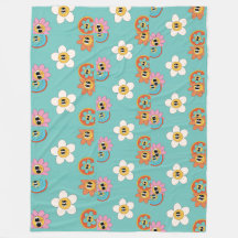 pink illustration retro flower fleece blanket