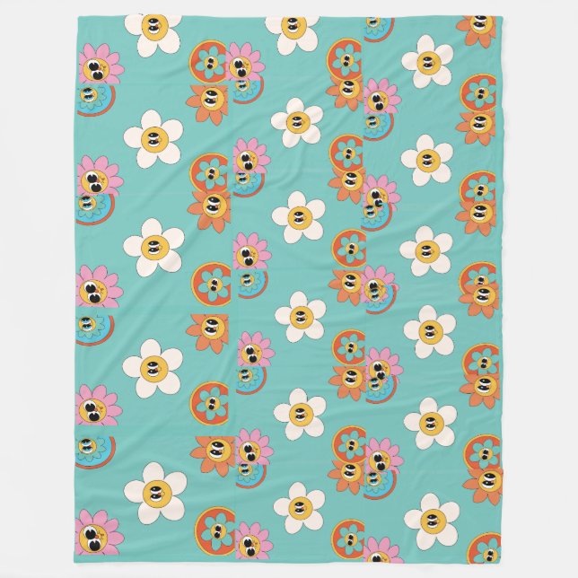 pink illustration retro flower fleece blanket (Front)