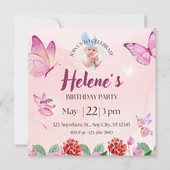 Pink Illustrative Butterfly Birthday Invitation (Front)