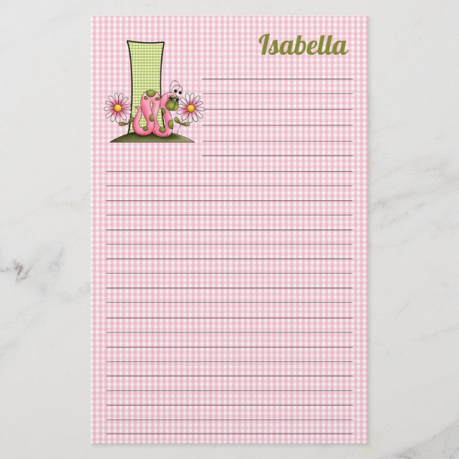 Pink Inch Worm Mongram Letter I Lined Stationery (Front)