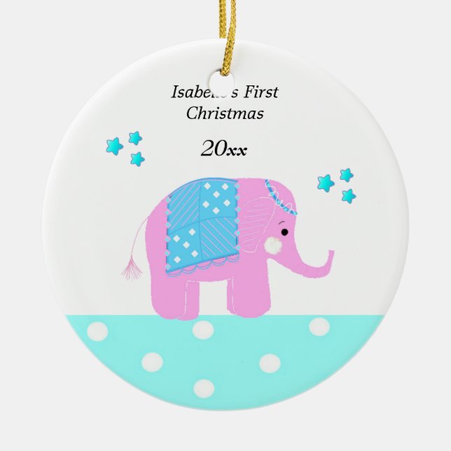 Pink Indian Elephant Baby's First Christmas Ceramic Tree Decoration (Front)