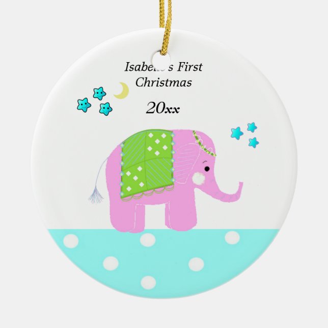 Pink Indian Elephant Baby's First Christmas Ceramic Tree Decoration (Front)