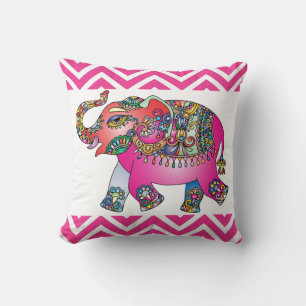 Pink Indian Elephant Pink Chevron Design Cushion