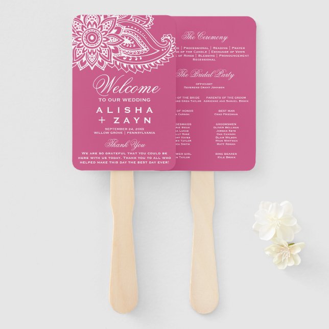 Pink Indian Paisley Wedding Program Hand Fan (Front and Back)