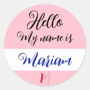 Pink (Initial Letter & Name) Hello My Name is Classic Round Sticker