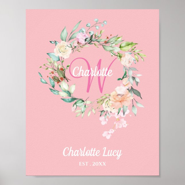 Pink Initial Monogram Sweet Summer Roses Poster (Front)