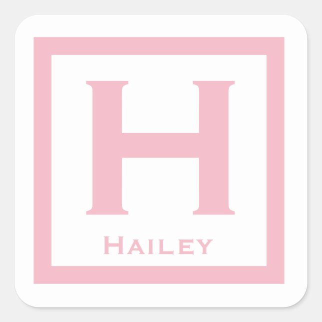 Pink Initial Name Kids Girl Party Back to School Square Sticker (Front)